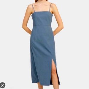 Theory Clean Strap Dress In Stretch Linen, Blue sleeveless Midi Dress in Steel
